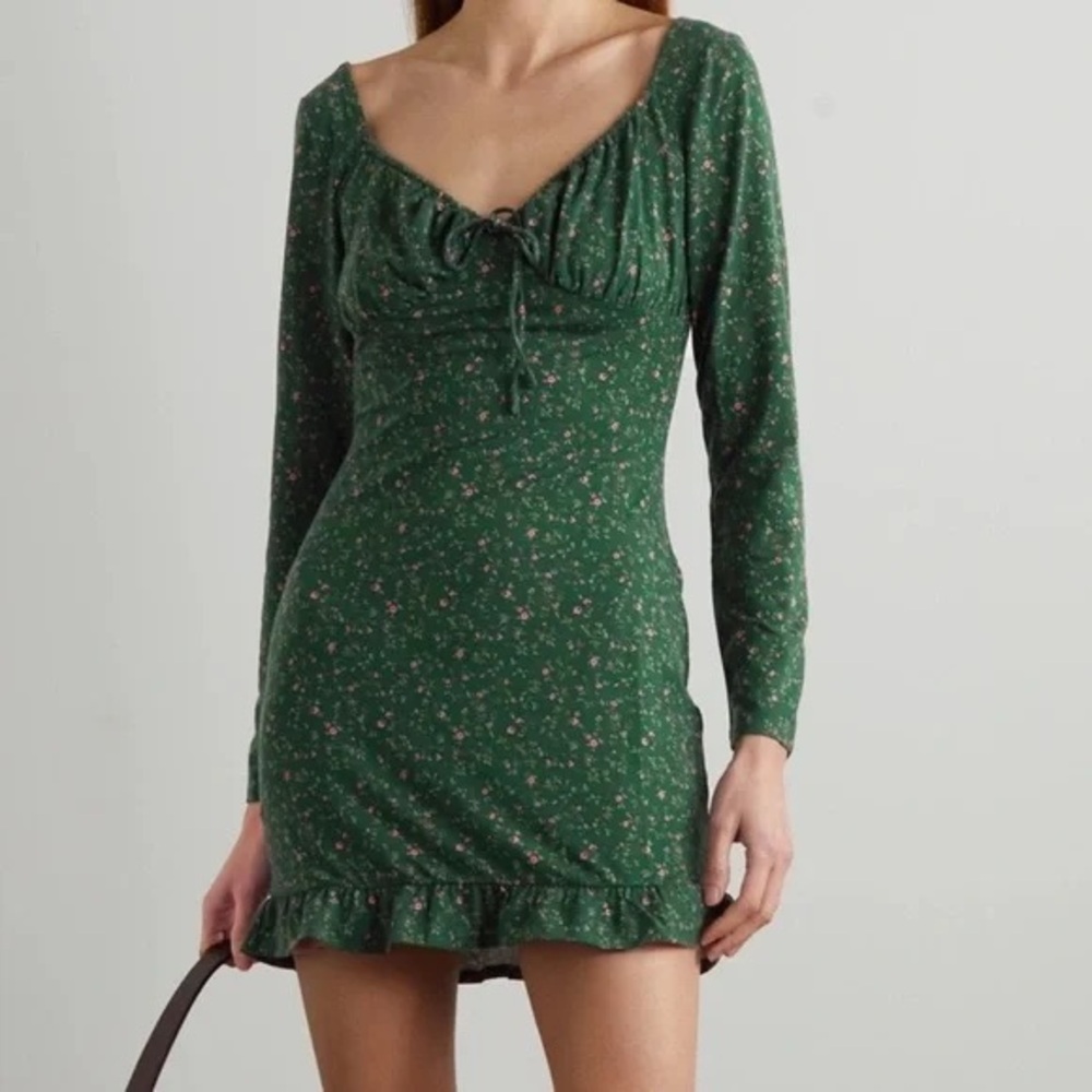 Reformation Anjeline Coriander Green Floral Long Sleeve Mini Dress Small